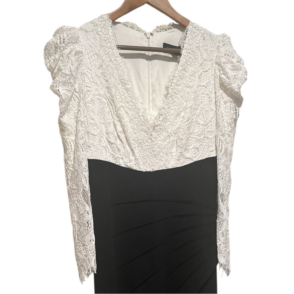 TADASHI SHOJI Ivory White Black Marshal Crepe Lace Maxi Formal Evening Gown 6 - Picture 6 of 15